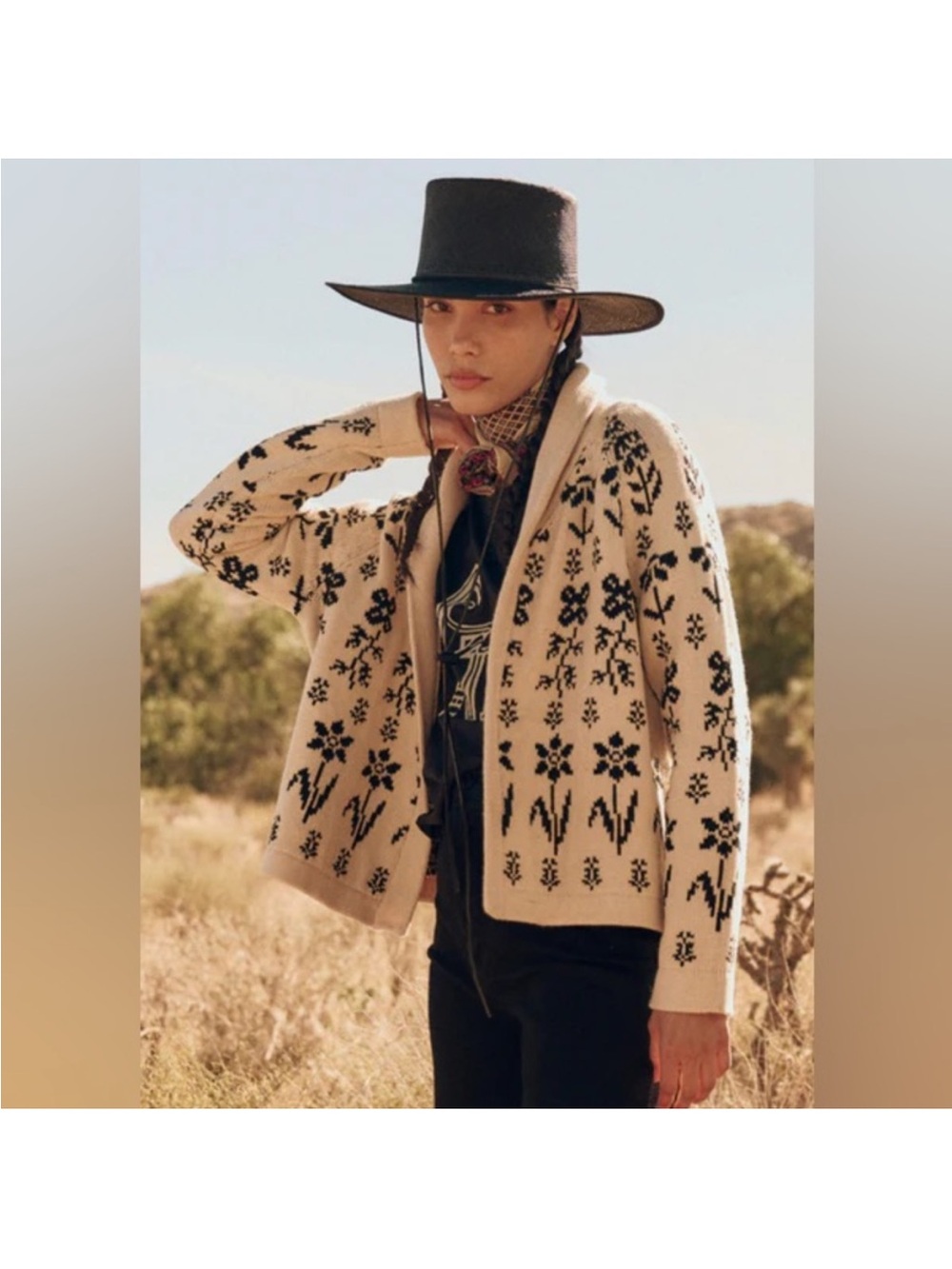 THE GREAT. Lodge Cardigan, Cream and Black Garden